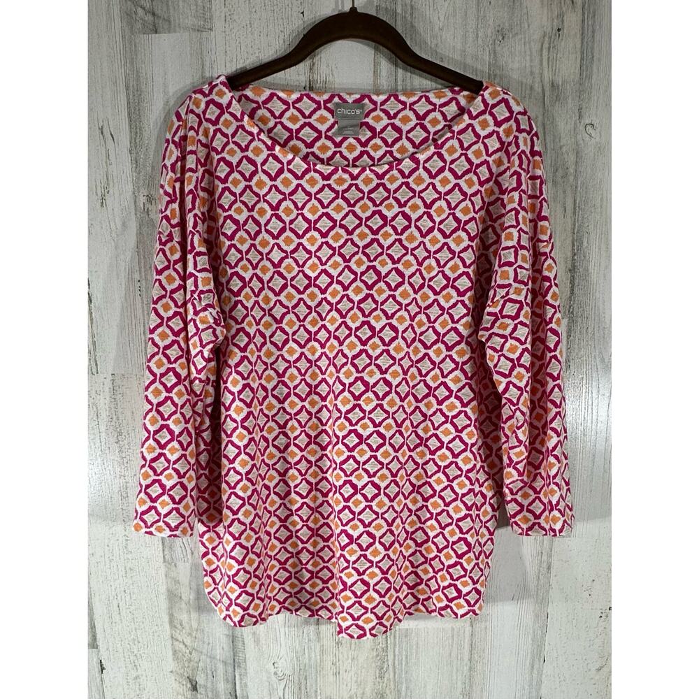 Chicos Slub Knit Top Size 2 Large Pink Orange Geometric Print‎ Dropped Shoulder